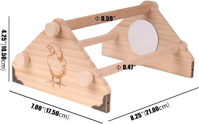 Pine Chicken Perch with Mirror and Metal Corners, Strong Solid Mini Small Chick Jungle Gym Roosting Bar, Chicken Toys for Coop and Brooder, Training Perch Toys for Large Bird, Parrot, Macaw, Hens