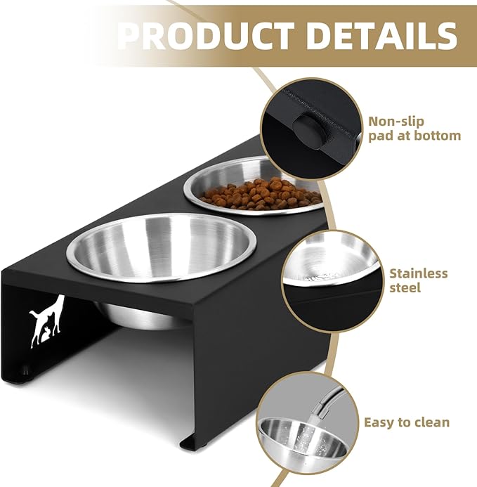 Elevated cat Bowls with Non-Slip Base, 15°Tilted Integrated Stand Anti Vomiting Raised Cat Dishes, Includes 3 Stainless Steel Bowls for Food and Water, Suitable for Cats and Small Dogs.