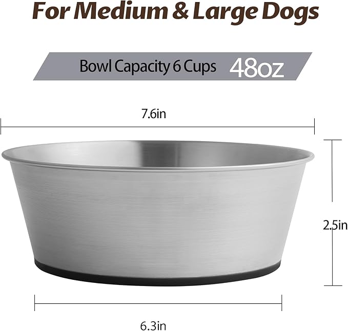Stainless Steel Dog Bowls for Large Dogs, 48oz/6 Cups Non Slip Dog Metal Bowls, 2 Pack Food and Water Pet Bowls Heavy Duty Dishwasher Safe
