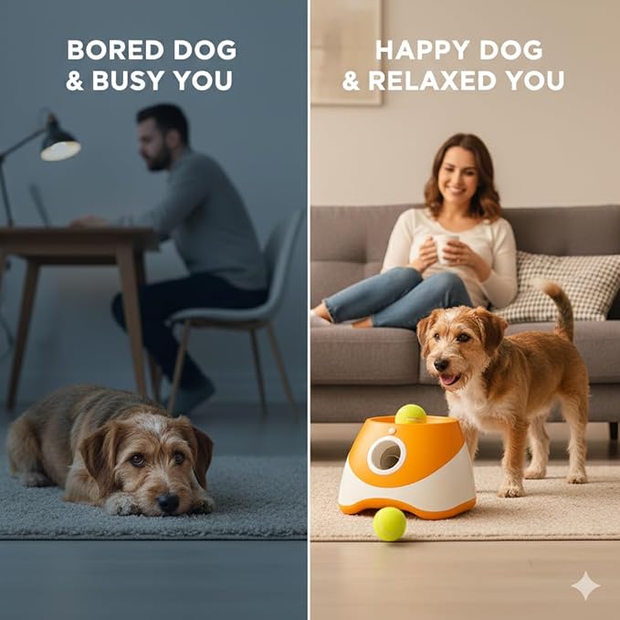 Dog Ball Thrower – Automatic Interactive Pet Tennis Ball Launcher with 6 Balls, USB Charging & Multiple Distance Settings Indoor & Outdoor Training & Play Toy for Small & Medium Dogs (Yellow)