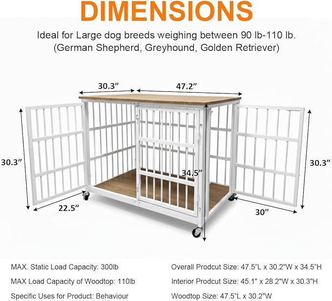 48 inch Dog Crate Furniture, Heavy Duty Dog Kennel Indoor for Large Dogs, Escape-Proof and Chew-Proof Wooden Dog Cage for high Anxiety Dog, Decorate House as TV Stand, End Table