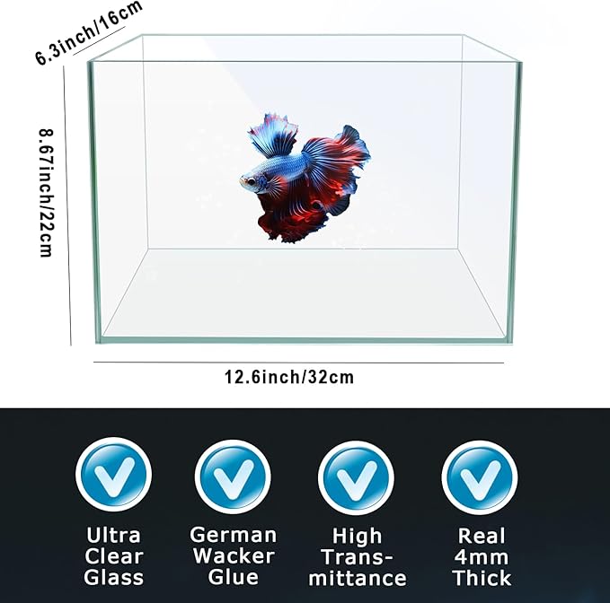 3 Gallon 12.6" L Fish Nano Glass Aquarium, with Separator Plate for Betta, Multi-Functional Square Fish Tank with Filter, LED Light, White 4mm Glass