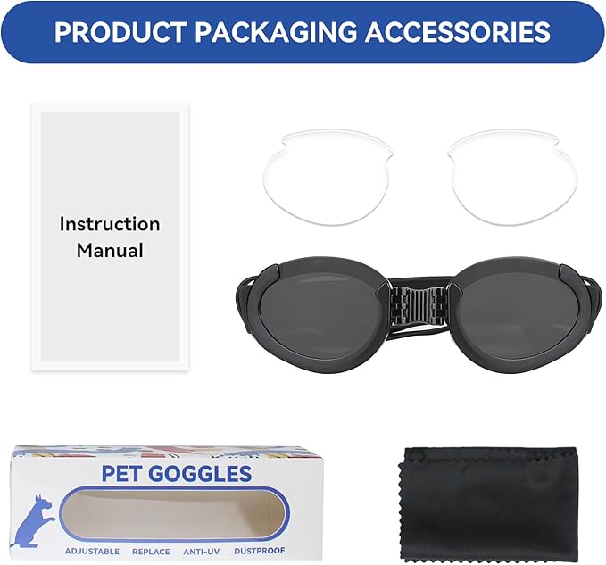 PETLESO Dog Goggles Medium Breeds, Clear UV Protection Dog Sunglasses with Black Replaceable Lenses, Adjustable Doggy Glasses for Outdoor Activities Hiking/Camping Windproof Pet Eyewear