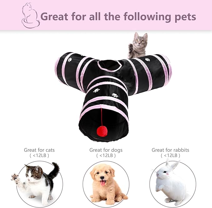 3 Way Cat Tunnel Collapsible Fun Pet Play Tube Toys for Cats, Kittens, Puppies & Rabbits - Portable Tunnel with Hanging Ball for Indoor Play, Hideout & Exercise