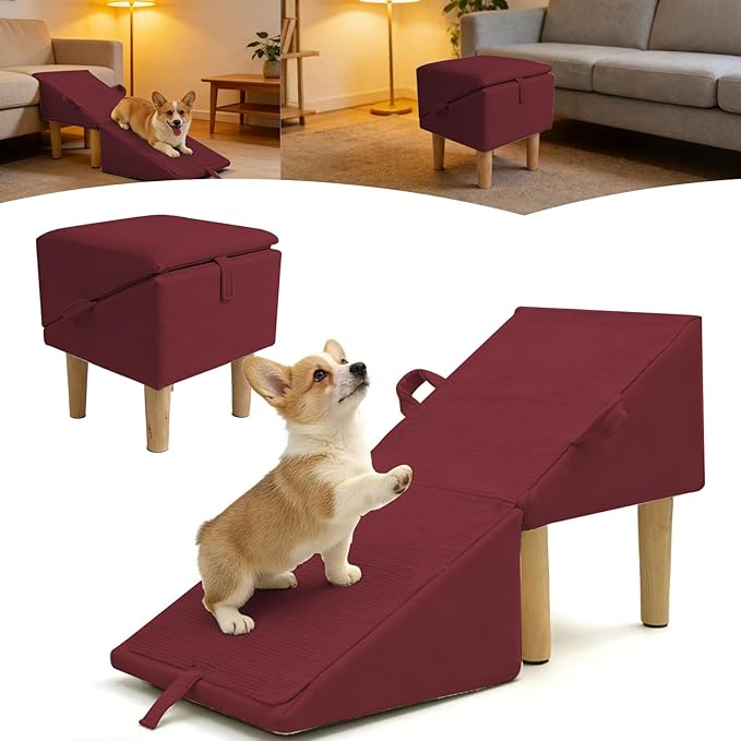 Split Ottoman Dog Ramp for Couch and Low Bed, 2-in-1 Foldable Dog Stairs for Small Dogs and Cats, Wooden Pet Ramp with Non-Slip Surface, Portable Step Stool Design, Claret