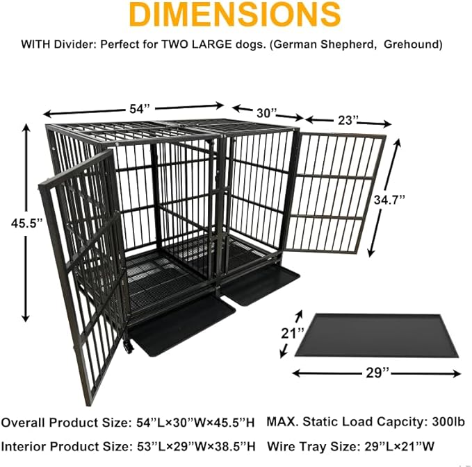 54 inch Heavy Duty Indestructible and Escape-Proof Dog Crate Cage Kennel with Divider for 2 Large Dogs, High Anxiety Dog Crate with Removable Wires Trays and Wheels, Extra Large XL XXL