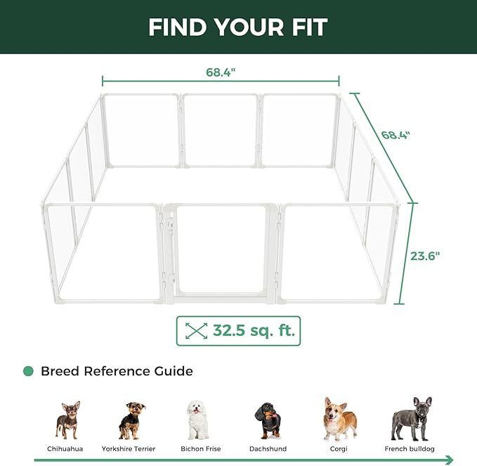 FXW AuraSpace Pro Metal & Acrylic Indoor Dog Playpen, All-Acrylic Clear Heavy-Duty Design, 24" Height 12 Panels for Puppies & Small Dogs, White│Patented