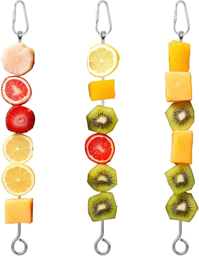 3Pcs Bird Food Holder, Stainless Steel Small Animal Bird Food Treats Skewer Hanging Vegetable Fruit Feeder Feed Treating Tool Suitable Parrots Cockatoo Cockatiel (Silver)