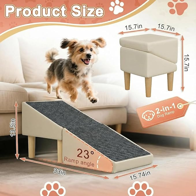 Split Ottoman Dog Ramp Flip - Foldable Dog Ramp Ottoman Stool for Bed & Couch, Indoor Orthopedic Pet Ramp with Wooden Base Support for Small & Medium Dogs, Dachshund & Puppy Safety Ramp, Gray
