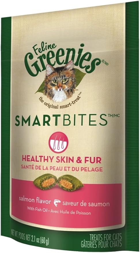 Greenies Cat Treats, Feline Smartbites, Skin & Fur Health, Crunchy and Soft Cat Treats, Salmon Flavor, 2.1 oz. Pack