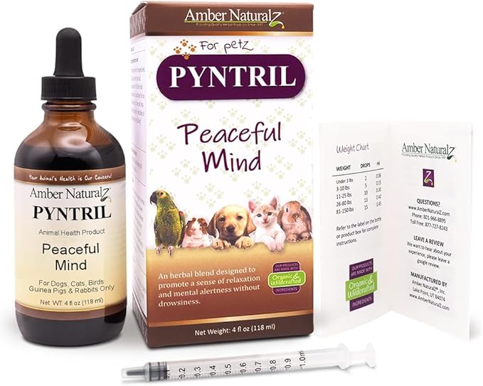 AMBER NATURALZ Pyntril Peaceful Mind Herbal Supplement for Dogs, Cats, Birds, Guinea Pigs, and Rabbits | Herbal Pet Supplement for Relaxation | 4 Fluid Ounce Glass Bottle | Manufactured in The USA