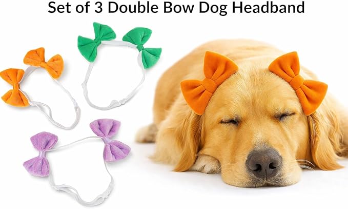 Double Bow Dog Headband 3 Pack, Elastic Doggie Headbands for Small & Medium Dogs, Puppy Bow Hair Accessories for Grooming, Photos, Parties & Holidays