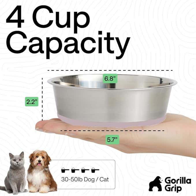 GORILLA GRIP Dog Bowls, Heavy Duty 304 Stainless Steel, Holds 4 Cups Each (32 fl oz) Food and Water Bowl for Feeding Dogs and Cats, Dishwasher Safe, Rust Resistant, BPA Free Rubber Base Set of 2 Pink