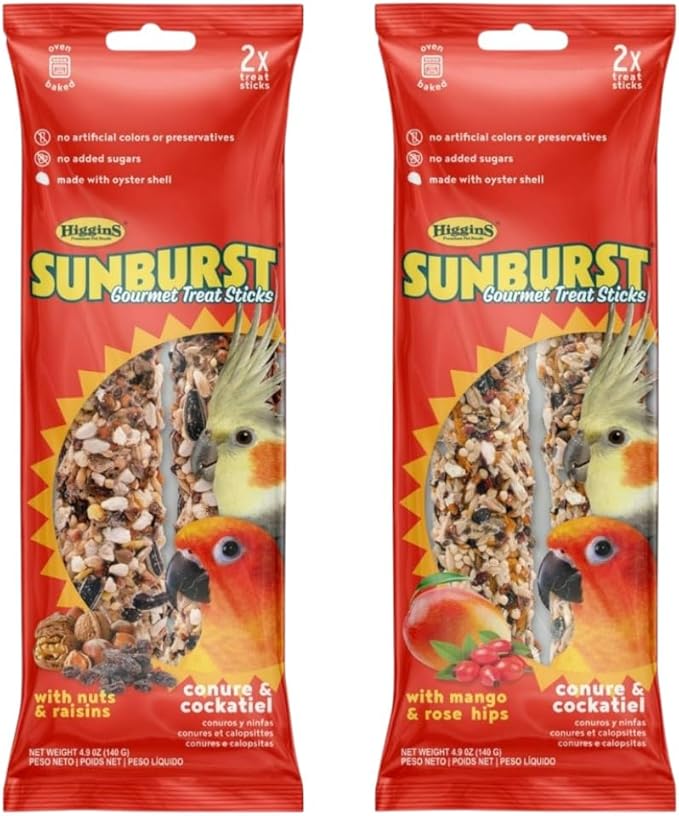 Higgins Sunburst Gourmet Conure, Cockatiel Treat Sticks Bundle | Sunburst Gourmet Conure, Cockatiel Nuts & Raisins Sticks 2pk & Mango & Rose HIPS Sticks 2pk.