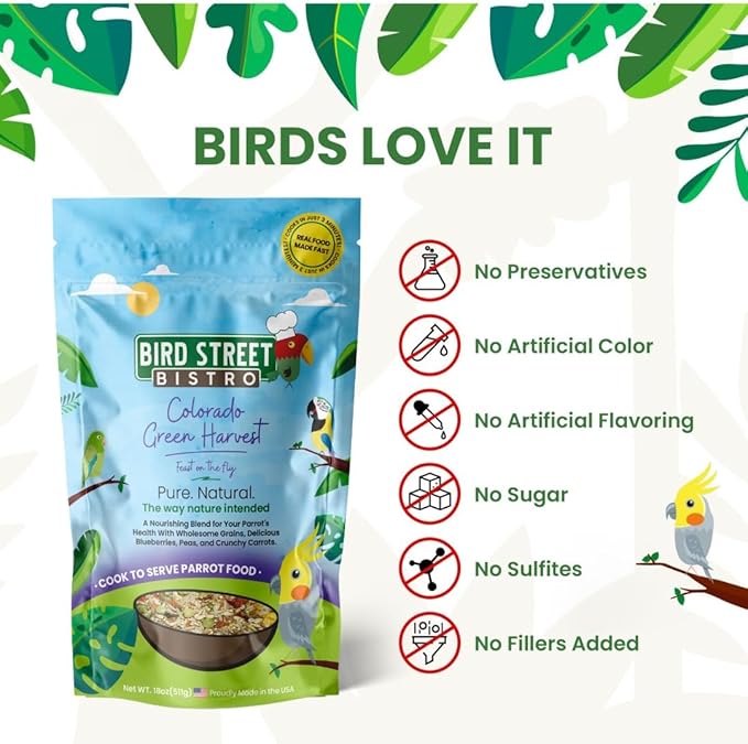 Bird Street Bistro Parrot Food for Parakeets & Cockatiels - Colorado Green Harvest - 18 oz - Cooks in 3-15 min, Natural Grains, Fruits & Vegetables - USA Made