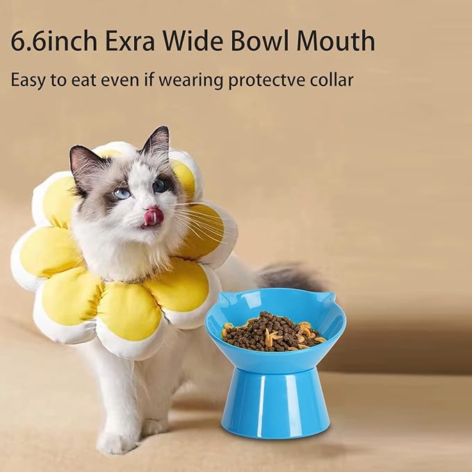 Detachable Elevated Cat Bowls, 15° Tilted Raised Cat Food Bowl Anti-Vomiting,Whisker Friendly, Adjustable Large Cat Dishes Extra Wide for Protecting Spine, Adult Kitten (Blue)