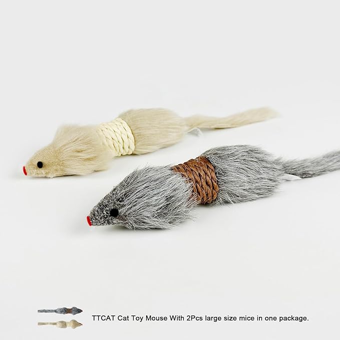 TTcat 2Pcs Cat Mice Toys,Faux Fur Cat Kicker Toys Large Mice with Long Tail Without Catnip, Interactive Catch Play Mouse Toy for Indoor Cats and Kittens.