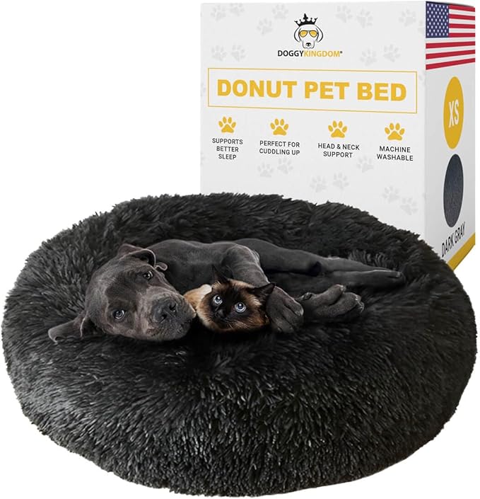Calming Round Donut Dog Bed Pillow, Washable, Anti Anxiety, Anti-Slip, Cozy Soft Cuddler Comfort Bed with Fluffy Plush Faux Fur for Large Medium Small Sized Dog - Dark Gray, XS 24 inch