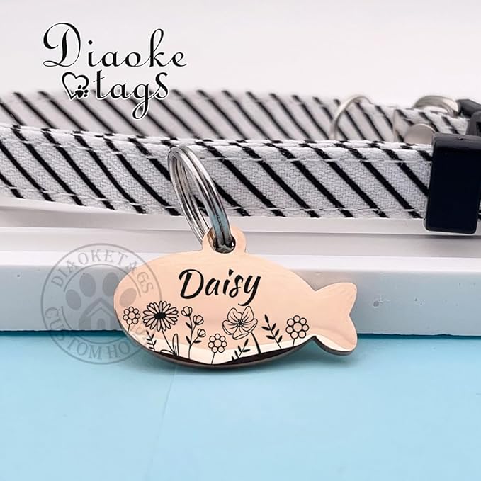 Stainless Steel Cat ID Tag Personalized Pet Tags with up to 4 Lines of Custom Text, Small Pet Mini Dog Cat Tag Lightweight, Engraved on Both Sides, Multiple Patterns Colors Size Options (Daisy)