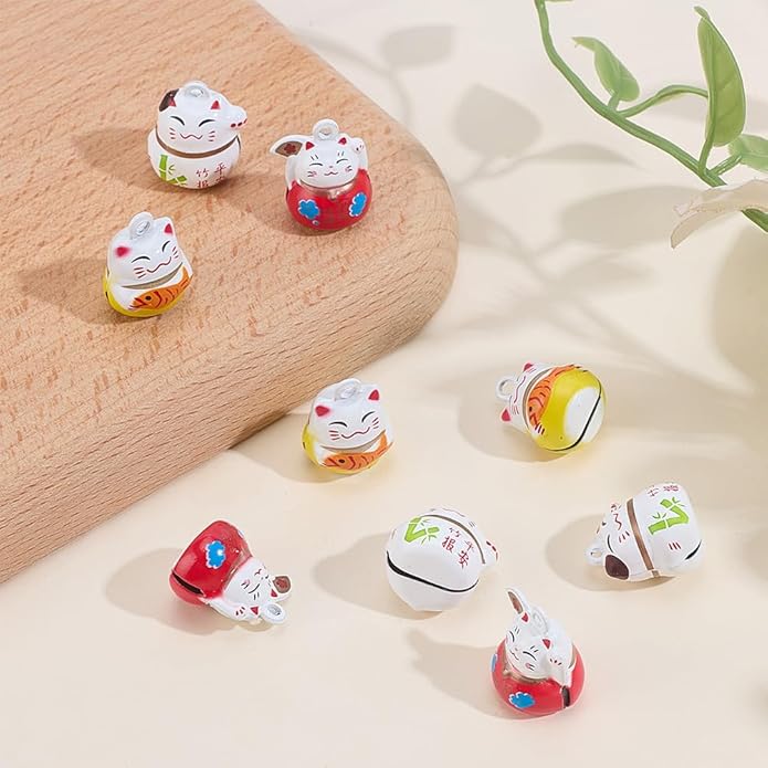 WEBEEDY 9 PCS Lucky Cat Collar Bells 3 Styles Pet Collar Bells Charm with Key Rings Brass Fortune Cat Collars Charms Loud Sound Small Animal Pendant for DIY Bag Keychain Home Decoration Supplies