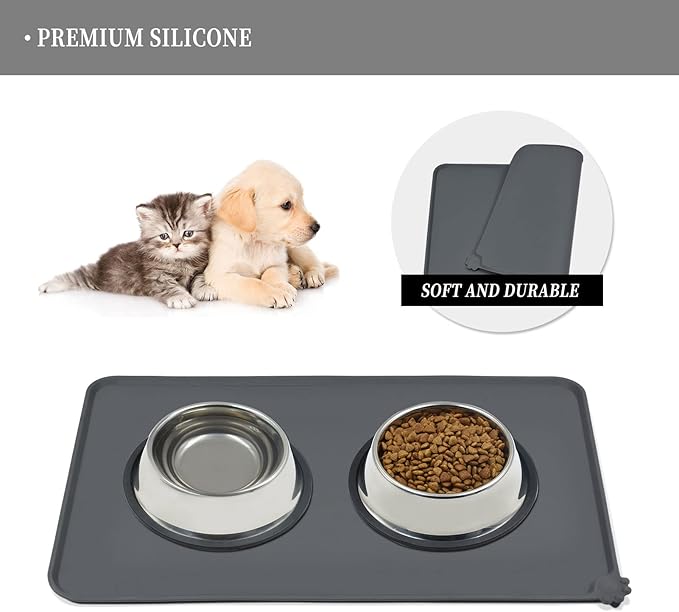 Waterproof Pet Feeding Mat with High Raised Edges, Heavier and Thicker Placemats for Cat Dog Water Bowl with BPA Free, Dogs Cats Food Mats for Messy Drinkers to Prevent Spill and Protect Floors