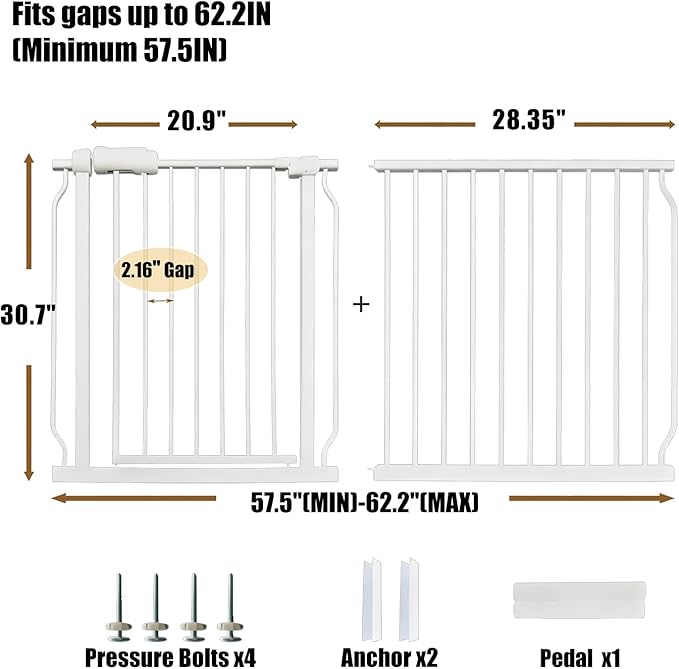 Extra Wide Baby Gates 57.5-62 Inch, Large Metal Safety Gate for Stairs, Doorways - No Drilling, Pressure Mounted Pet Gates for Kids & Dogs