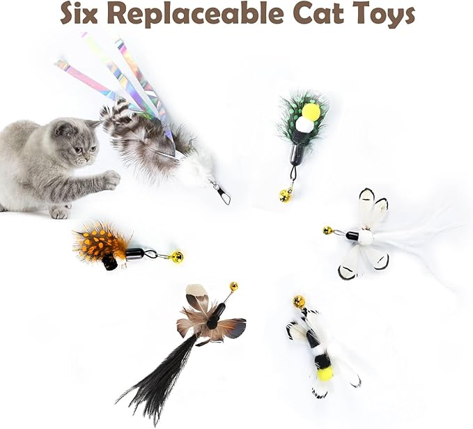 Hokaad Cat Insect Feather Toys - Feather Wand & 6 Natural Insect Refills - Interactive Cat Teaser with Bell