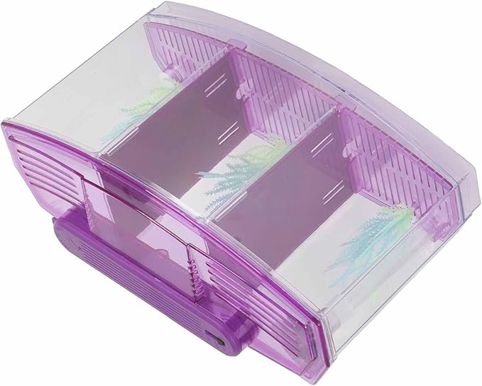 Fockety Breeding Fish Tank LED Acrylic, Three Divisions Isolation Box for Small Fishes with Artificial Grass, Water Change Valve and Filter Bubble Head with Activated Carbon (Violet)