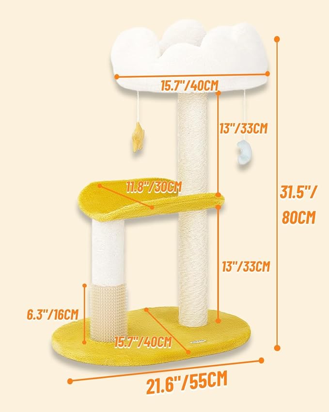 Happi N Pets Cloud Cat Tree, 31.5in Multi-Level Indoor Cat Tower with Scratching Posts, Viewing Perch, Removable & Washable Cushions, Cat Activity Tree with Dangling Toy