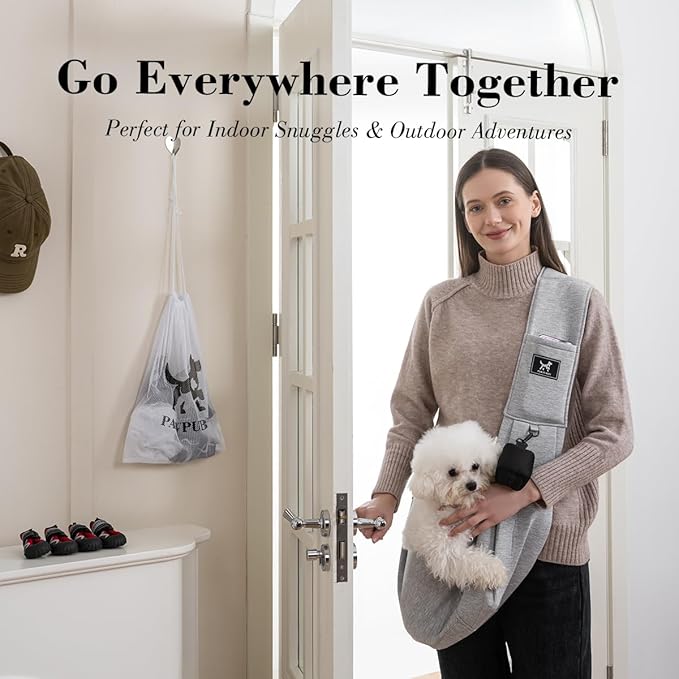 Dog Sling Carrier for Small Dogs up to 15 lbs - Hands Free Puppy Sling (Size M) - Ergonomic Padded Strap & Safety Hook Based on Owner's Bust, Light Gray
