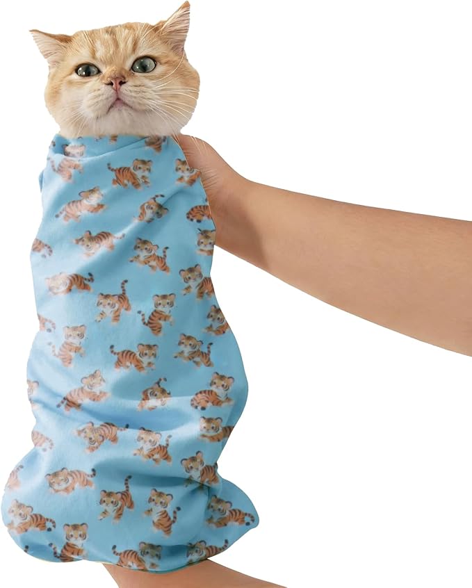33.5" Cat Grooming Wrap,cat wrap for Cutting Nails,Self-Adhesive cat Swaddle wrap cat Restraint cat wrap Blanket for Medicine, Nail Clipping, Teeth Brushing,Blue Tiger(Within 22lbs)