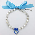 Pearl Crystal Dog Necklace Collar Jewelry for Small Dogs Puppy, Bling Cat Wedding Collar with Rhinestones Charm, Chihuahua Yorkie Clothes Outfits Accessories (Blue Heart, 12 to 14-Inch)