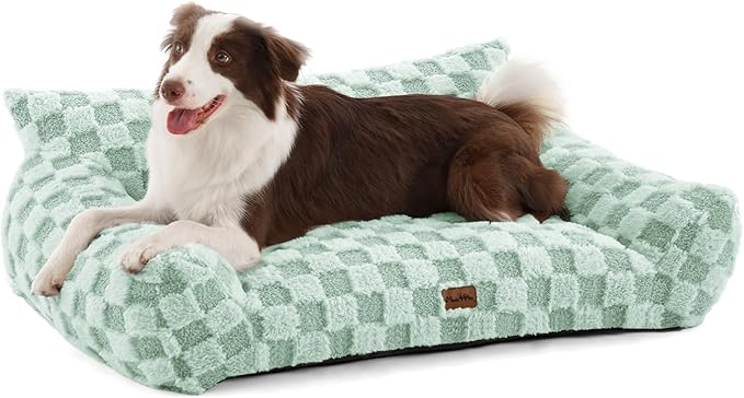 Made4Pets Dog Couch Bed, Soft Faux Fur Checkered Indoor Pet Sofa, Comfortable Fluffy Dog Sofa with Supportive Foam, Removable Washable Cover with Non-Slip Base, Sage Green, Large
