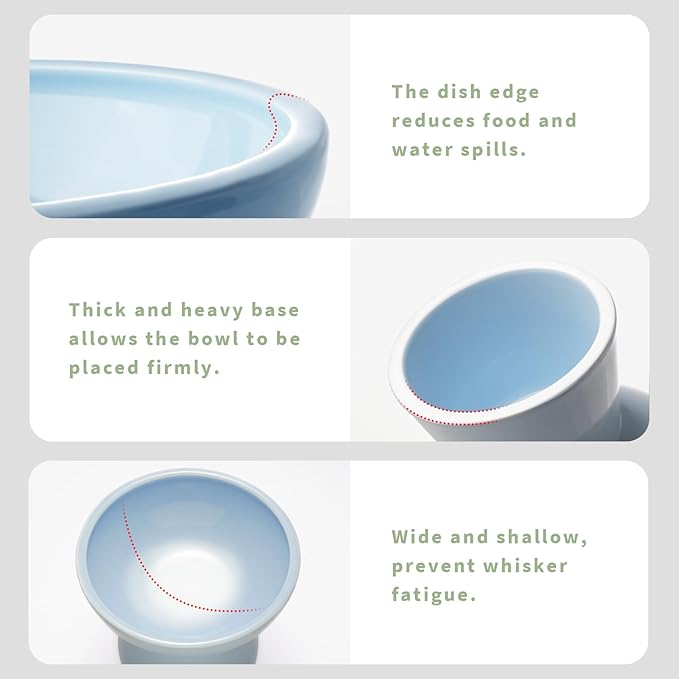 2 Elevated Ceramic Cat Bowls Extra Wide for Food & Water – Whisker Fatigue Shallow Food Dish, Lead & Cadmium-Free, Raised Height for Cats, Blue