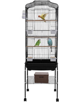 Bird Cage with Wheels, Breeding Cage Wrought Iron Flight Cage with Wooden Stand, Removable Tray & Feeding Bowls for Parrots, Canaries, Lovebirds Finches, 18" L x 14.6" W x 54" H