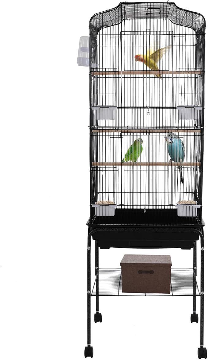 Bird Cage with Wheels, Breeding Cage Wrought Iron Flight Cage with Wooden Stand, Removable Tray & Feeding Bowls for Parrots, Canaries, Lovebirds Finches, 18" L x 14.6" W x 54" H