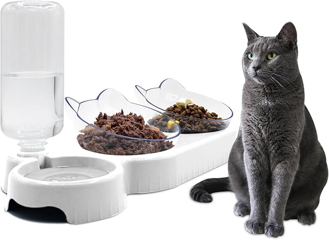 Triple Dog 3-in-1 Tilt Cat Bowls - Double Food Bowls with Automatic Water Bottle, Removable Wet & Dry Food Bowl Set for Small Cats & Puppies (White)