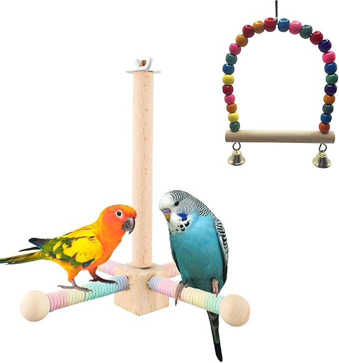 Bird Perch Toys for Parakeets, 360° Silent Free-Spin, Parrot Playground Gym for Cockatiels,Wooden Bird Cage Accessories, Relieve Boredom Anxiety, Natural Wood Activity Center