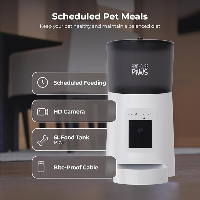 Penthouse Paws Smart HD Automatic Pet Feeder, 6L Dry Food Capacity, 1080p Camera, 2-Way Audio, Scheduled Meals, Backup Power, Easy to Clean, Anti-Jam Design for Cat & Dog, White