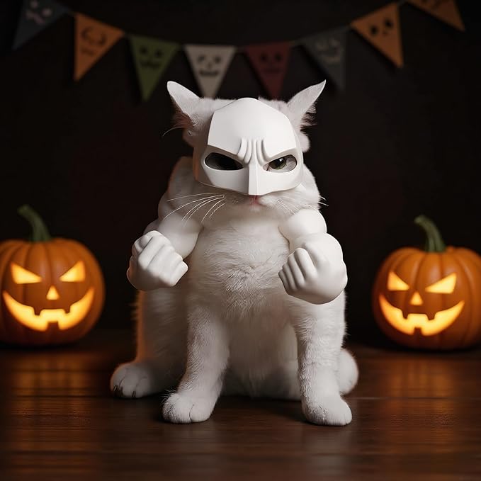 Cat Bat Costume Set, Halloween Cosplay Props with Muscular Arm Suit and Mask, Fun Animal Dress Up Accessories (White)