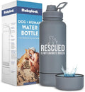 Rescue Dog Lover Water Bottle – 32 oz Stainless Steel Double Wall Insulated with 8 oz Detachable Bowl – Animal Rescue Gifts for Dog or Cat Lovers – “Rescued is My Favorite Breed” – Smoky Grey