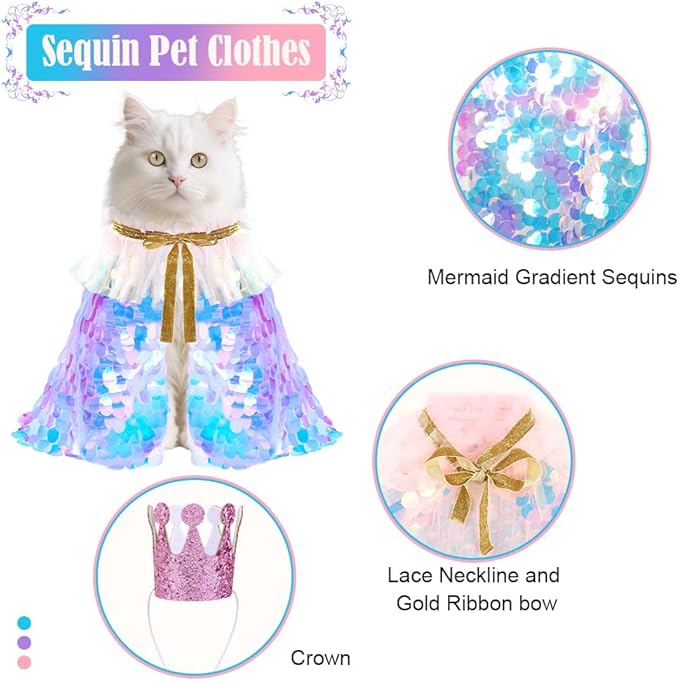 2 Packs Halloween Cat Costumes, Small Funny Sequins Halloween Cat Wizard Cape Adjustable Pet Wizard Cloak for Little Dogs Cats Puppy Halloween Cosplay Party