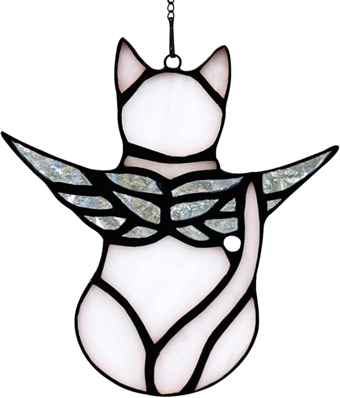 Angel Cat Memorial Present Ornaments, Acrylic Window Hanging Decorations for Cat Lovers, Angel Wings Suncatcher Decor, Pet Memorial Sympathy Present Statue (White)