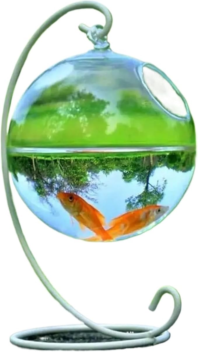 Transparent Hanging Glass Aquarium Fish Tank Bowl - Stylish Round/Rectangle Shape with Rack Holder for Home Decoration(White-02)