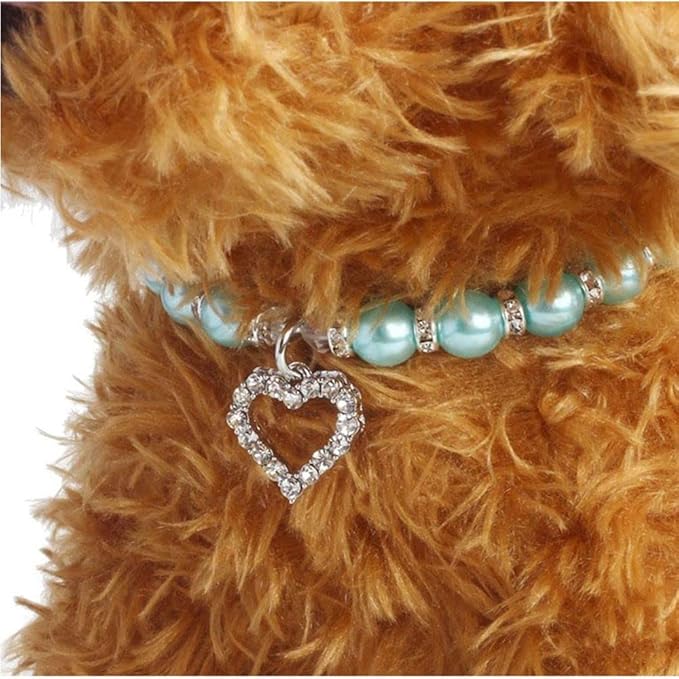Dog Pearls Collars Crystal Heart Dog Cat Collar, Pet Bling Love Charm Pendant Necklace for Cats Small Dogs Birthday Party Accessories(S,White)
