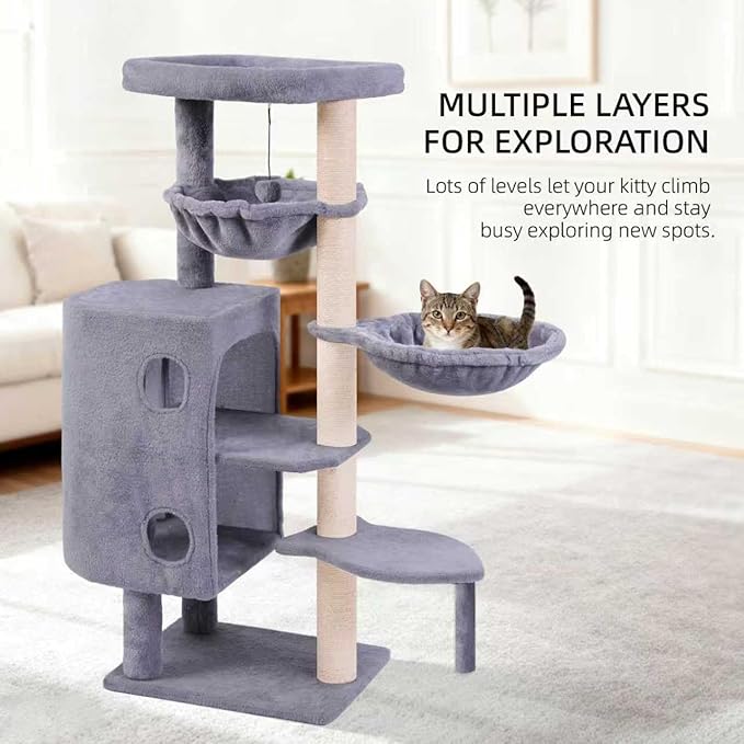 45in Cat Tree Tower with Big Condo for Indoor Cats,Cat Tower with Scratching Post,Scratching Board and Cat Toys,Multi-Level,Small Space,Transformer Cat Tree (Grey+)