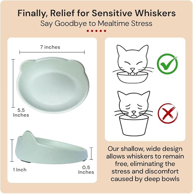 7 Ruby Road Anti Whisker Fatigue Cat Bowl, Set of 2 - Wide Food Bowls, Wet and Dry Shallow Food Dish, Small Cat Dishes for Indoor Cats, Cute Kitten Bowls Whisker Friendly & Relief, Non-Slip Plates