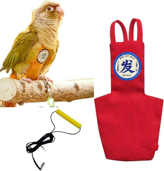 MANON ROSA Bird Diapers Leash Set Washable Reusable Handmade Flight Suit Waterproof Inner Layer - Protective Parrot Nappy Clothes Parakeets Macaws Budgies Canaries (Red6,Zebra Finch)