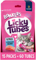 Bonkers Licky Tubes, Wet Lickable Succulent Salmon Flavor Cat Treats, Real Meat, Training or Food Topper, for All Breeds and Ages, Value Pack (15 Pack, 60 Tubes) - Product Package May Vary