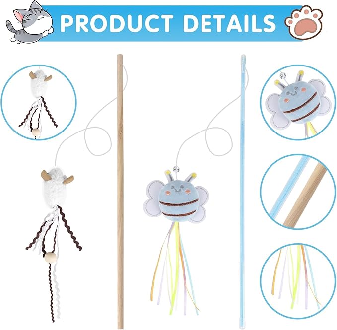 NOWFRESH Cat Wand Toy Set, 2 PCS Interactive Cat Teaser Wands with Cute Kitty & Rabbit Designs, Equipped with Bells and Streamers to Captivate Your Cat’s Attention